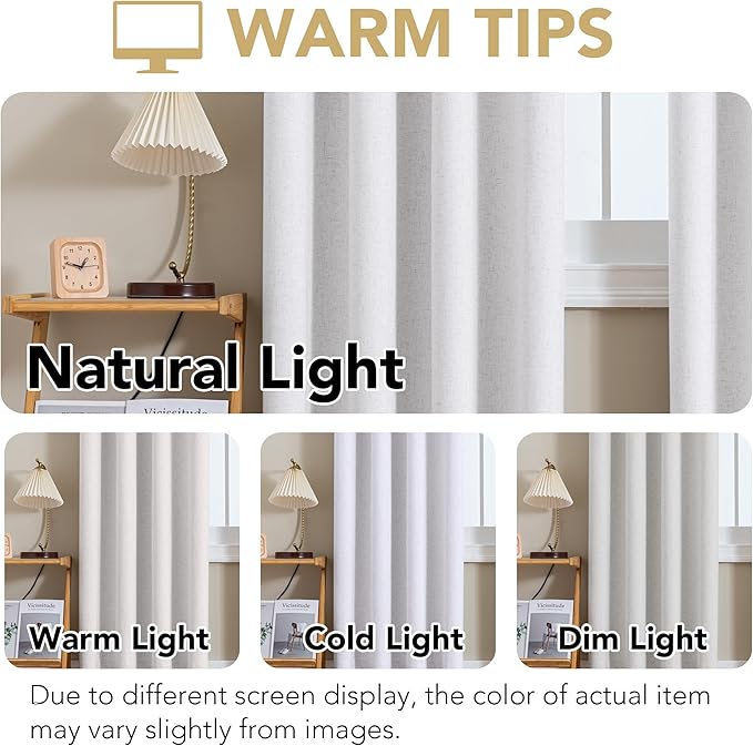 H.VERSAILTEX Linen Curtains 100% Blackout Curtains for Bedroom 96 inch Long Full Light Blocking Nature Linen Blended Window Curtains for Living Room Nickel Grommet (2 Panels, Heathered White)