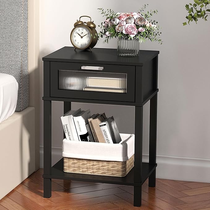 Nightstand Wooden Bedside Table with Drawer Black Night Stands Modern Style Small End Table Side Table with Storage Shelf for Bedroom Living Room MLBZ10B