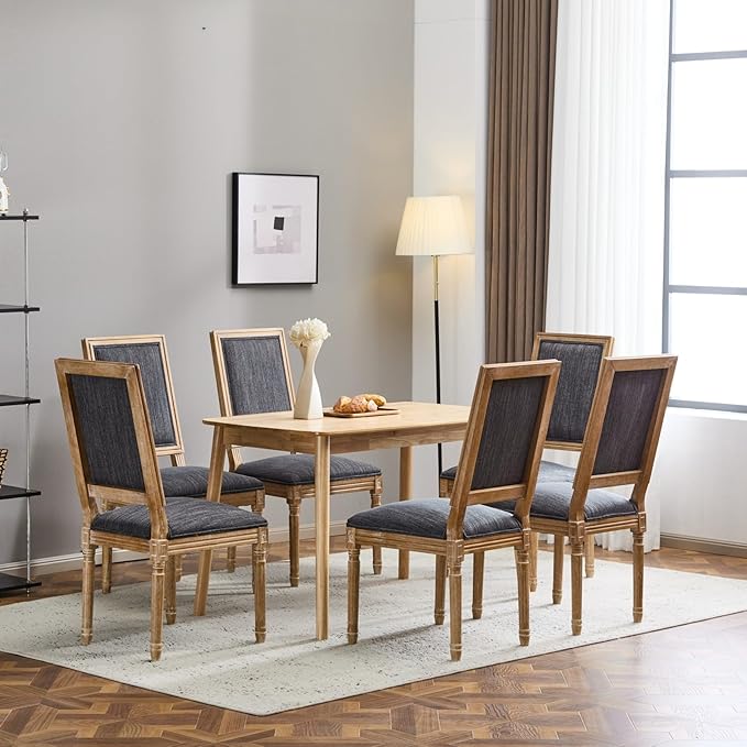 Merax Upholstered Solid Wood Dining Chairs Set of 6, French Country Style Accent Side Seating Furniture for Kitchen, Living Room, Cushioned Back, Blue Gray