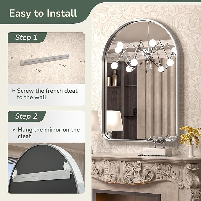 TokeShimi Arched Brushed Silver Bathroom Mirror 26x38 Inch with Non-Rusting Aluminum Alloy Matte Framed for Vanity Farmhouse Modern Minimalist Bathroom, Entryway Hall, Living Room, Bedroom