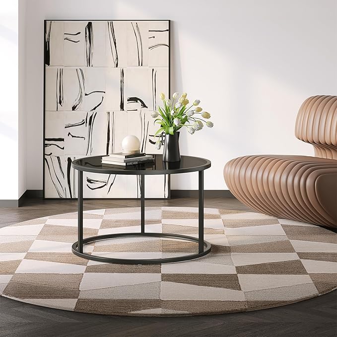 SAYGOER Black Glass Coffee Table Small Round Coffee Tables 27.6In Modern Tempered Glass-Top Accent Center Table for Living Room Home Office Small Space Easy Assembly