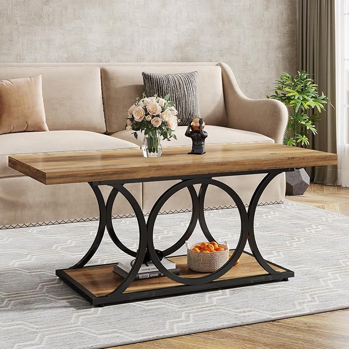 Tribesigns Rectangle Coffee Table, 47.24-inch Rustic Coffee Tables for Living Room, 2-Tier Farmhouse Wooden Coffee Table with Geometric Metal Legs, Home Furniture with Storage Shelf (Brown & Black)