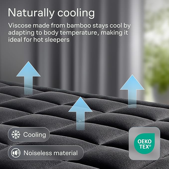 Ultra Soft King Size Mattress Topper - Viscose Made from Bamboo Pillow Top Mattress Pad for Back Pain Relief - Naturally Cooling for Hot Sleepers, Black