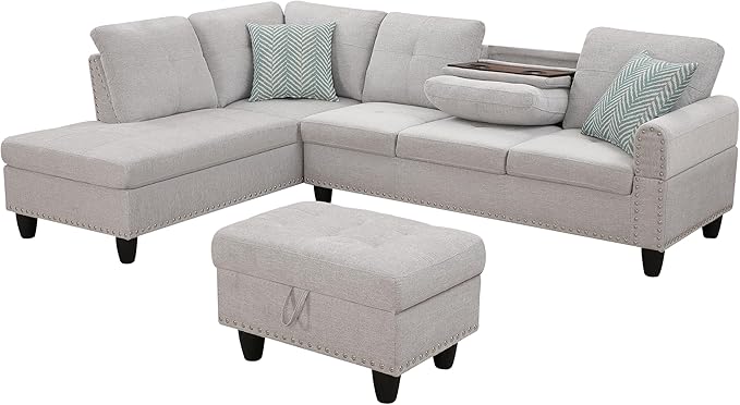 Ball & Cast 98" L Shaped Sectional Couch for Living Room with Chaise & Storage Ottoman,4 Seat Linen Upholstered Modular Sectional Sofa Set 3 PCS W/Cup Holder & Nailhead Trim,for Home,Office,Light Gray