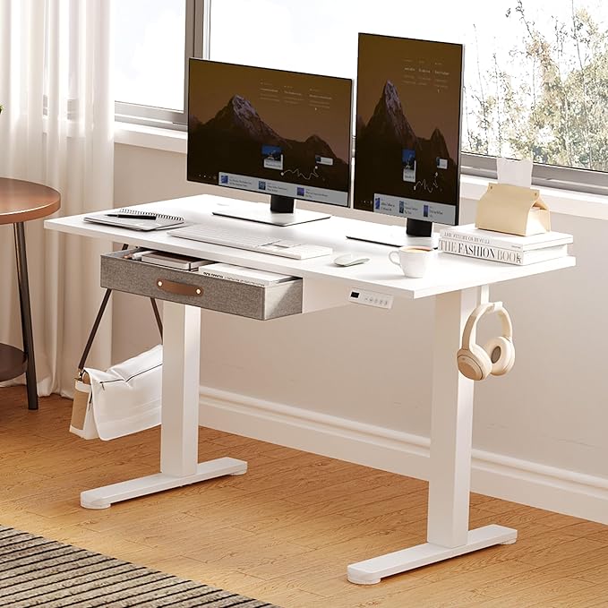 Seang Standing Desk with Drawer, 48" x 24" Height Adjustable Stand Up Desk, 3 Memory Height Settings with Cable Grommets & Storage Hooks, Ideal for Home & Office, White