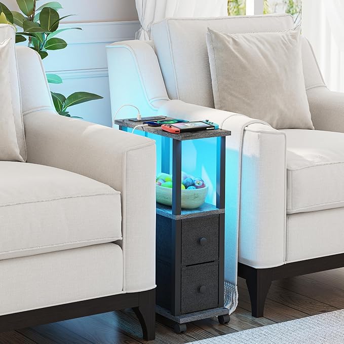 TUTOTAK Small Narrow End Tables, LED Side Tables with 2 Fabric Drawers, Set of 2, Bedside Tables with Charging Station for Small Spaces, Slim Nightstands with USB Ports and Wheels, TB01BY053L