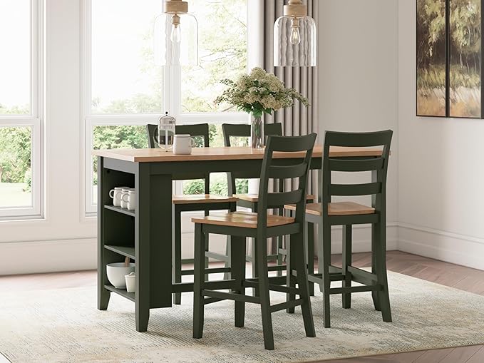 Signature Design by Ashley Gesthaven Modern Counter Height Dining Table with 3 Shelves and Trestle Base, Light Brown & Green