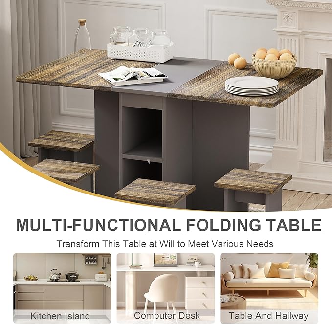 Ball & Cast 5 Pieces Folding Extendable Dining Table Set with 4 Chairs for 4 Peoples,55'' Drop Leaf Wood Kitchen Table Set w/Storage and 6 Wheels,Easy to Assemble,for Small Space,Brown+Gray