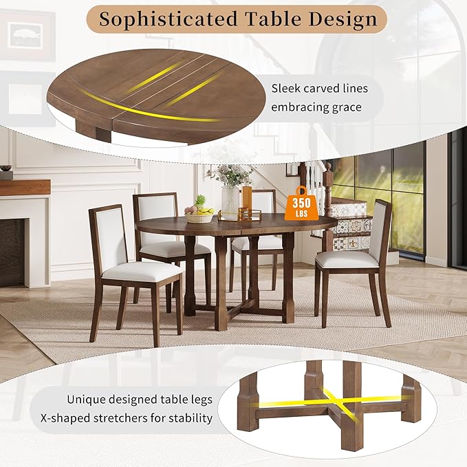 Ball & Cast Farmhouse 5 Pieces Dining Table Set with 4 Upholstered Chairs,Wooden Living Room Furniture for 4 W/ 57.7" Extendable Dining Table,Easy Assemble&Clean,for Dining Room,Bistro,Apartment,Brown