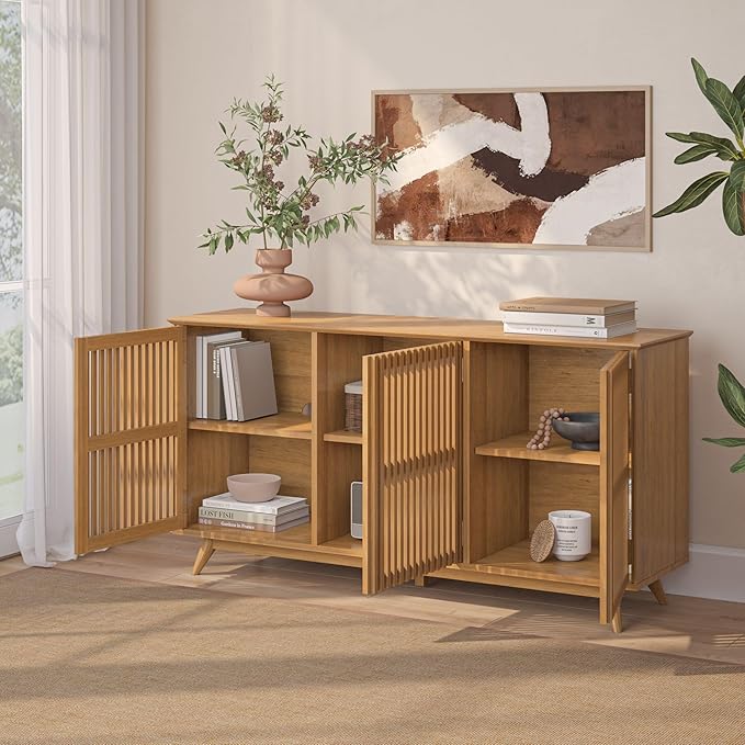 Plank+Beam Mid-Century Modern Wood TV Stand, Three Door Solid Wood Entertainment Console with Storage, 59" L x 16" W x 30" H, Pecan