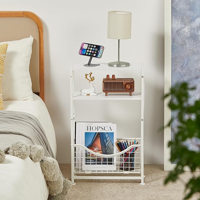 Narrow Side Table, Skinny Small End Tables with Magazine Holder, 3 Tier Small Sofa Side Table for Smalls Spaces, Sofa Couch Tables Bedside Table for Living Room Bedroom Office