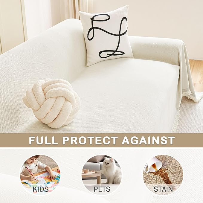 hyha Couch Cover for Dogs, Boho Sofa Covers for 3 Cushion Couch Washable, Chenille Sofa Slipcover for Pets, Soft Loveseat Sectional Couch Throw Blankets with Tassels (Beige, 71x134 Inch)