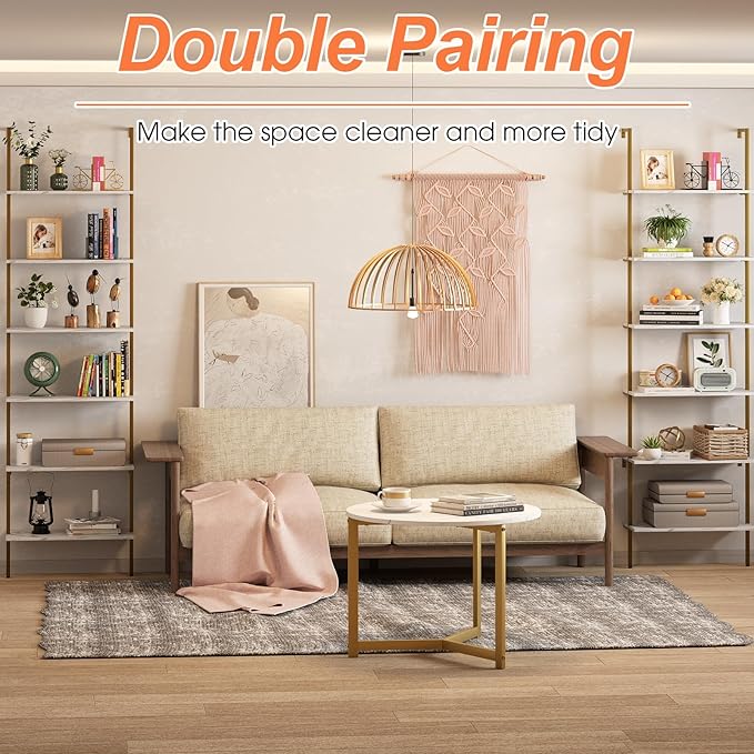 Ladder Shelf 6 Tiers Marble White Modern Bookshelf Open Tall Wall Mount Bookcase Standing Leaning Wall Shelves Industrial Decorative Living Room Bed Room