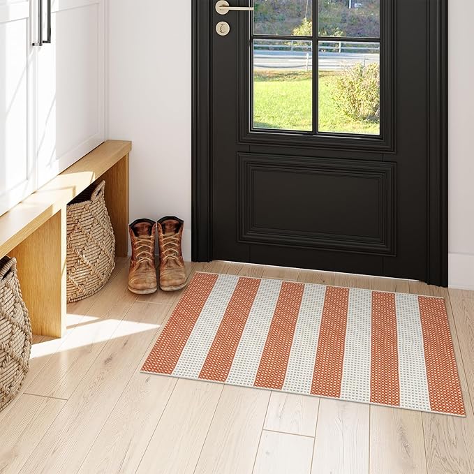 OJIA Fall Front Door Mat 24"x36" Cotton Woven Washable Striped Porch Rug Indoor Halloween Doormat Small Outdoor Rugs Farmhouse Entry Rug Kitchen Throw Rugs for Layered Door Mats (Orange/White/Tan)