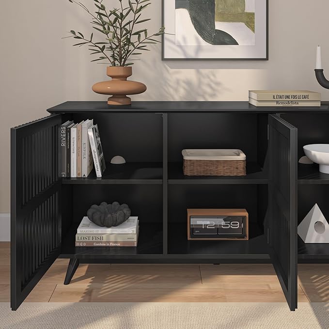 Plank+Beam Mid-Century Modern Wood TV Stand, Three Door Solid Wood Entertainment Console with Storage, 59" L x 16" W x 30" H, Black