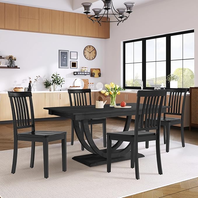 COLAMY Wooden Dining Chairs Set of 6, Solid Rubberwood Kitchen & Dining Room Chairs, High Spindle Back Windsor Style, Modern Dining Table Chairs, Non-Slip Foot Pads, Minimalist Home Furniture,Black