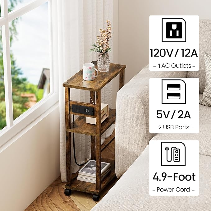 TUTOTAK Small Narrow Side Table with Charging Station, Skinny End Table for Small Spaces, Slim Nightstand with USB Ports and Outlet, Sofa Beside Table with Wheels, Rustic Brown TB01BB046C