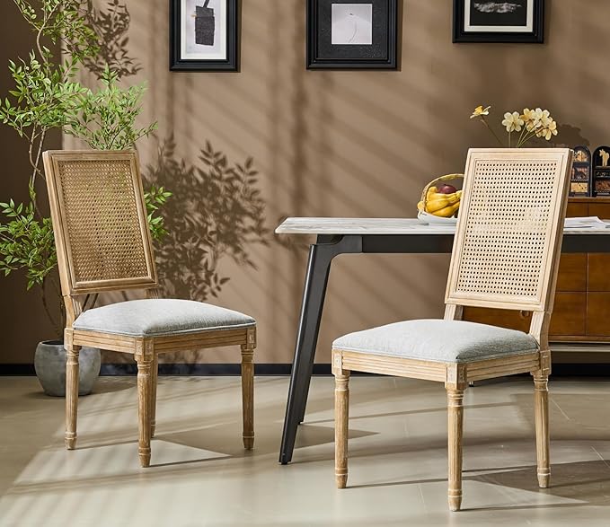Merax Upholstered Solid Wood Dining Chairs Set of 2, French Country Style Accent Side Seating Furniture for Kitchen, Living Room, Wicker Back, Grayish Green