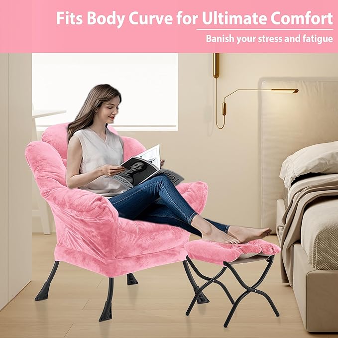 Lazy Chair with Folding Ottoman, Accent Chair Plush Upholstered with Metal Structure and Non-Slip Pads, Sofa Armchair with Footrest and Side Storage Bag for Dorm, Room, Office, Pink