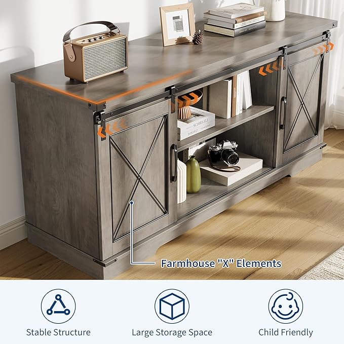 IDEALHOUSE Farmhouse TV Stand and Entertainment Center for Tv up to 65 inches with Sliding Barn Doors and Adjustable Shelf, Tv Media Console Table with Storage Cabinet for Living Room, Grey