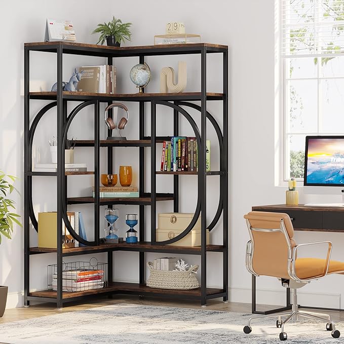 LITTLE TREE Large Corner Bookshelf Industrial Bookcase for Living Room Home Office,Brown