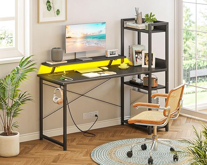 ODK Reversible Gaming Desk with Power Outlets and LED Lights, 48 Inch Computer Desk with Storage Shelves and Monitor Stand, Modern Writing Study Desk for Home Office, Carbon Fiber Black
