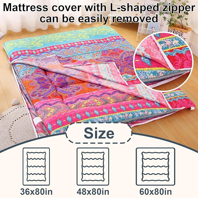 Bohemian Retro Japanese Floor Mattress, Vintage Floral Tatami Floor Mat, Portable Roll up Futon Mattress for Guest,Tavel (D,Twin 80" x 36")