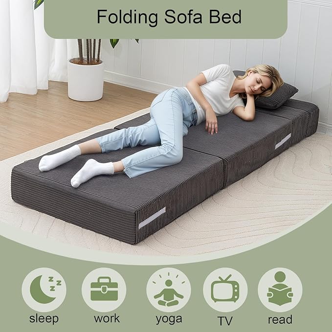 MeMoreCool Boneless Folding Sofa Bed Single, Corduroy Convertible Sleeper Chair, Foldable Foam Mattress Chair, Comfy Fold‑Out Futon Couch Bed, Small Floor Sofa Couch for Living‑Room Guest