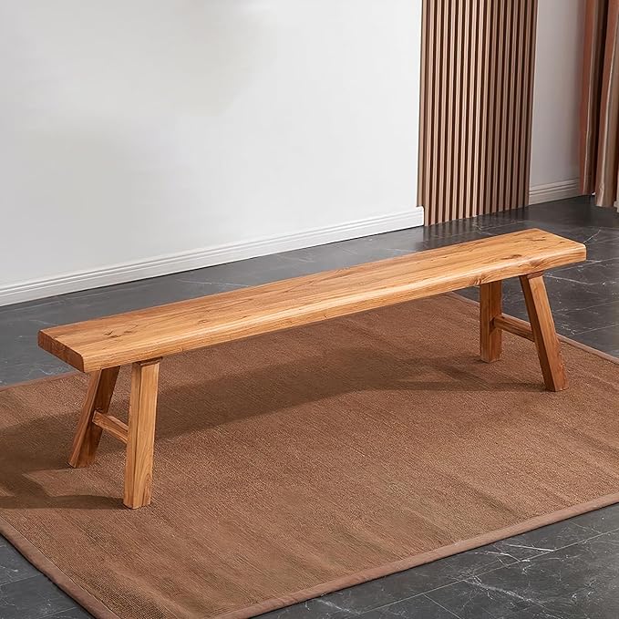 Farmhouse Wood Bench Indoor - 55.2Inch entryway Bench, Natural Solid Wood, Durable and Sturdy, Suitable for Dining Room, Bedroom, Porch and Other Narrow Spaces