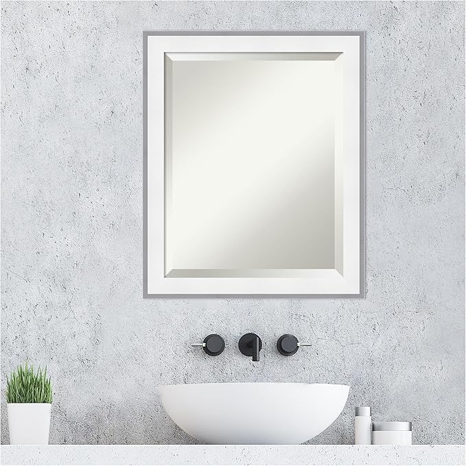 Amanti Art Bathroom Mirror for Over Sink, 23x19 Maya White Silver Rectangle Vanity Mirror, Small Modern Contemporary Frame, Hangs Horizonally and Vertically, Bathroom Wall Decor, Beveled Edge