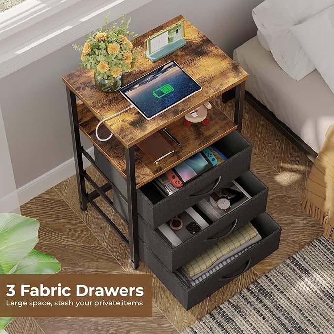 Seventable Nightstand with Charging Station and LED Light, Side Table with 3 Fabric Drawers, Bedside End Table with USB Ports and Outlets, Night Stand for Bedroom, Rustic Brown