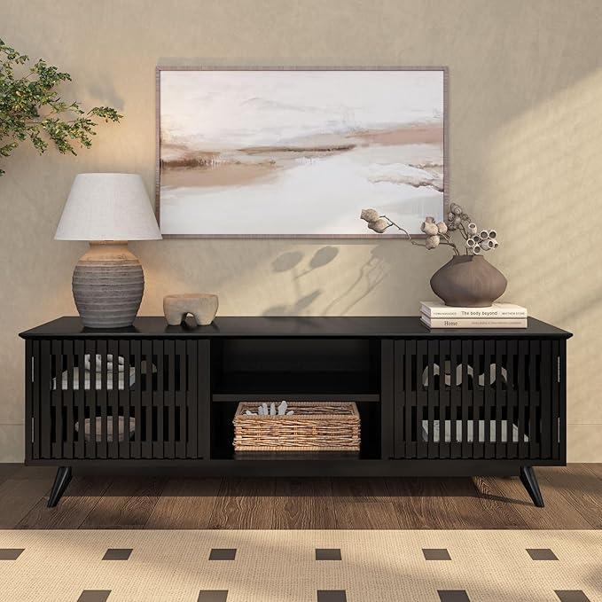 Plank+Beam Mid-Century Modern Wood TV Stand, Solid Wood Entertainment Console with Storage, 59" L x 16" W x 19" H, Black