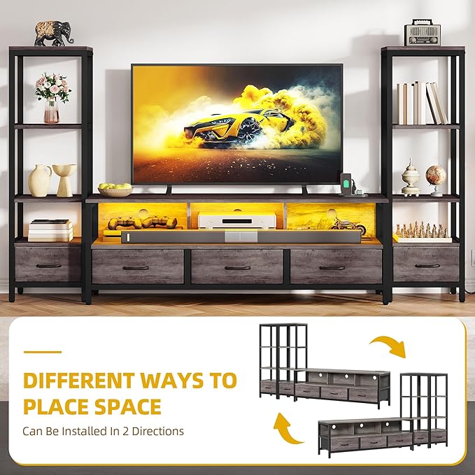 DWVO Entertainment Center with Bookshelves, LED TV Stand for 65/60 inch TV, Farmhouse TV Stand for Living Room with 2 Industrial 4-Tier Bookshelves & Power Outlets, Grey
