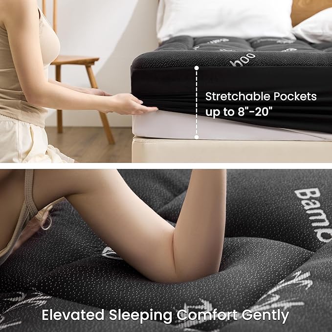 Love's cabin Full Size Mattress Topper, Rayon Derived from Bamboo, 900 GSM Mattress Topper Pad, Thick Pillow Top Mattress Pad with Stretches up 8"-20" Deep Pocket(54"x75"), Black