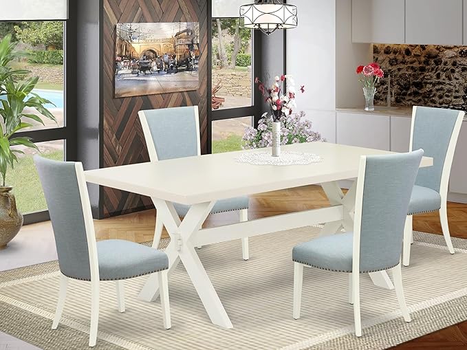 East West Furniture X027VE215-5 5 Piece Kitchen Table & Chairs Set Includes a Rectangle Dining Room Table with X-Legs and 4 Baby Blue Linen Fabric Parsons Chairs, 40x72 Inch, Multi-Color