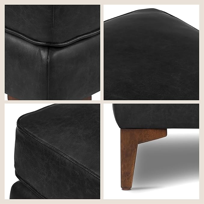 POLY & BARK Essex Ottoman - 35” Large with Feather-Down Topper - Full-Grain Leather Upholstered Ottoman - Couch for Living Room - Vintage Italian Leather in Onyx Black