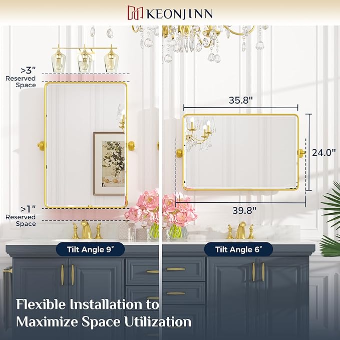 Keonjinn 24 x 36 Inch Pivot Mirror Bathroom, Gold Tilt Mirror Bathroom for Wall, Brushed Gold Beveled Pivot Rectangle Mirrors for Over Sink, Modern Metal Framed Vanity Mirrors, Horizontal/Vertical