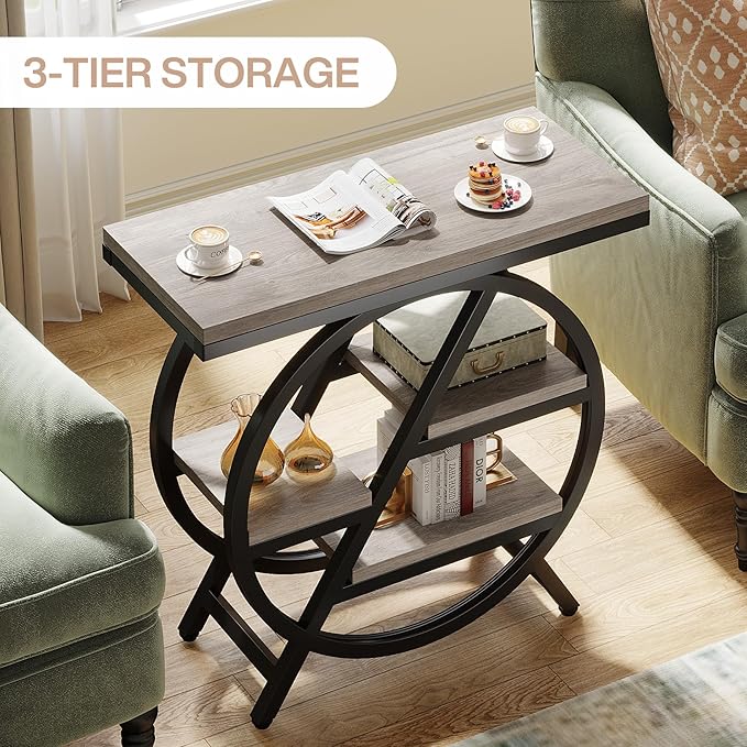 Tribesigns End Table for Living Room, 3-Tier Narrow Side Table with Storage, Wood Sofa Side Table with Geometric Metal Frame, Industrial Nightstand and Bedside Table for Bedroom, Grey