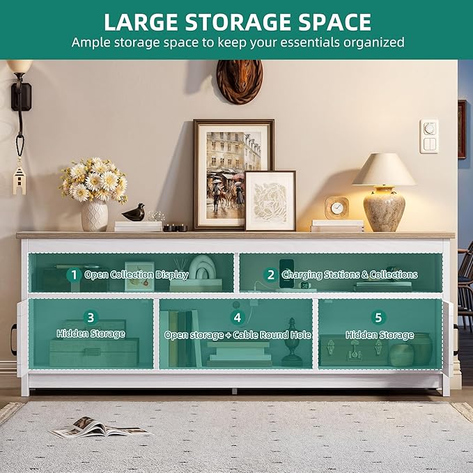 YITAHOME Farmhouse TV Stand for 65/75 Inch Television, Entertainment Center Television Stand with Power Outlets and Open Shelf, Media Console TV Cabinet for Living Room, Grey White/Grey Wash