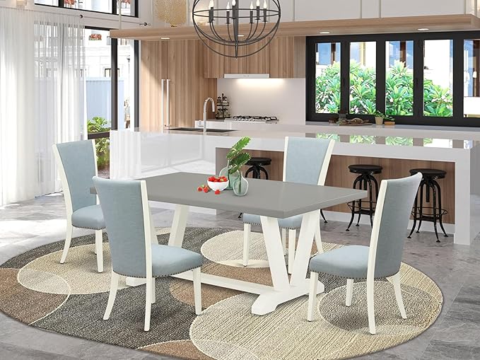 East West Furniture V097VE215-5 5 Piece Kitchen Table & Chairs Set Includes a Rectangle Dining Room Table with V-Legs and 4 Baby Blue Linen Fabric Parsons Chairs, 40x72 Inch, Multi-Color