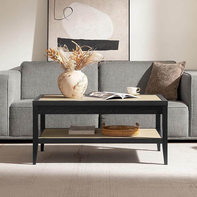 SICOTAS Rectangle Coffee Table for Living Room, Farmhouse Boho Center Table with 2-Tier Rattan Storage Shelves, Sofa Side Accent Table for Small Space, Black Oak