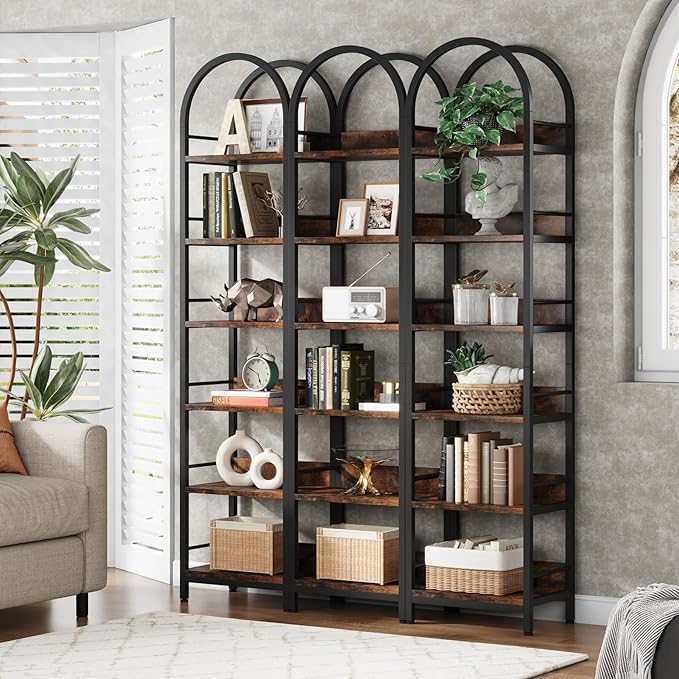 Tribesigns 6-Tier Open Bookshelf, 78.7" Tall Arched Bookcase Narrow Bookshelf with Metal Frame, Freestanding Corner Bookcase Display Shelves for Living Room, Home Office, Rustic Brown
