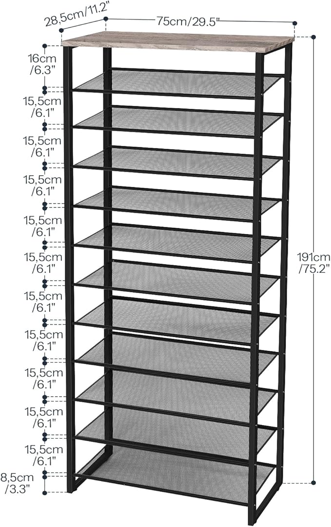 HOOBRO Shoe Rack, 12-Tier Shoe Storage Organizer, Large Capacity Shoe Shelf for Front Door Entrance, Entryway, Closet, Holds 36-48 Pairs of Shoes, Closet, Greige and Black BG127XJ01