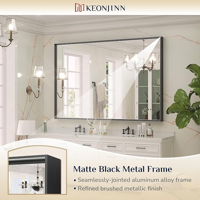 Keonjinn Black Mirror for Bathroom 60 x 40 Inch Rectangular Wall Mirror Large Matte Black Vanity Mirror Metal Frame Rectangle Farmhouse Mirror, Modern Square Corner Framed Mirror(Horizontal/Vertical)