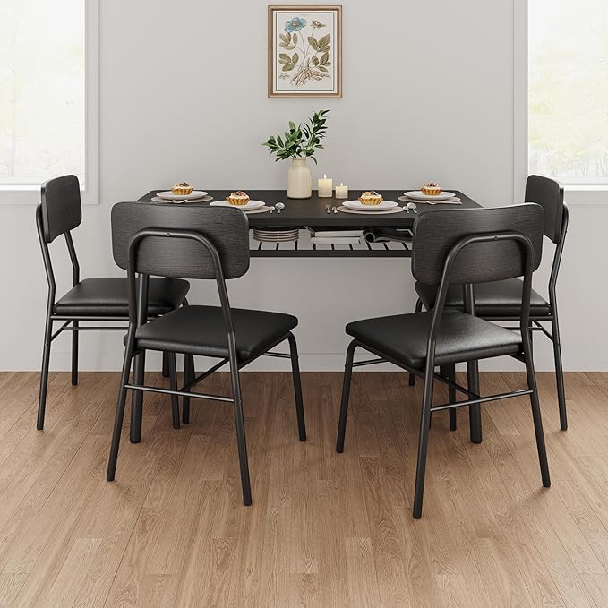 GAOMON 5-Piece Dining Table Set for 4, Wood Kitchen with Built-in Storage Rack,Small Kitchen Table with Upholstered Chairs and Metal Frame for Small Spaces, Black