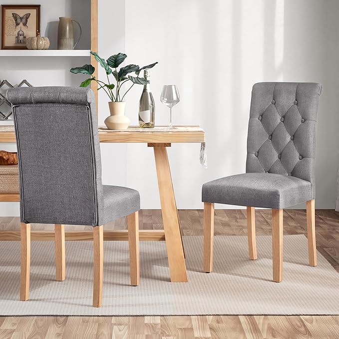 Yaheetech Dining Chairs Set of 2 Fabric Upholstered Dining Room Chairs with Button Tufted High Back and Solid Wood Legs for Kitchen/Living Room/Restaurant, Modern Style, Dark Gray