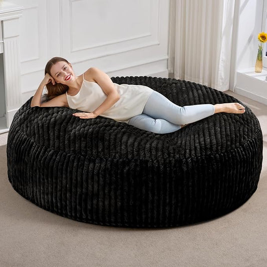 Hobestluk 6ft Bean Bag Chairs for Adults Large Beanbag Chair with Stripe Plush Cover Big Bean Bag Chair for Living Room Bedroom Dorm Office - Black (70" x 70" x 15")
