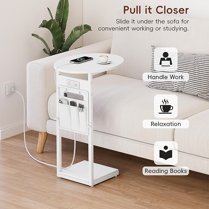 Vagusicc C Shaped End Table with Charging Station, 32" Tall Side Table for Couch and Recliner, Adjustable Height Small Couch Side Table Slide Under Sofa TV Tray Table for Living Room, Bedroom, White
