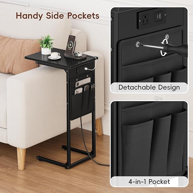 Vagusicc C Shaped End Table with Charging Station, Small Side Table for Couch, Couch Side Tables Recliner Desk, Slide Under Sofa Table TV Tray Arm C Tables for Living Room, Bedroom, Bedside, Black