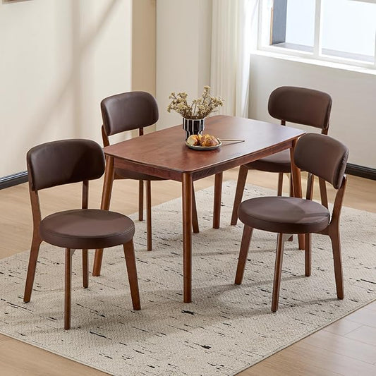 Furniliving Wooden Dining Chairs Set of 4, Mid-Century Modern Leather Upholstered Kitchen Chair with Solid Oak Wood, Farmhouse Dining Room Chairs, Brown